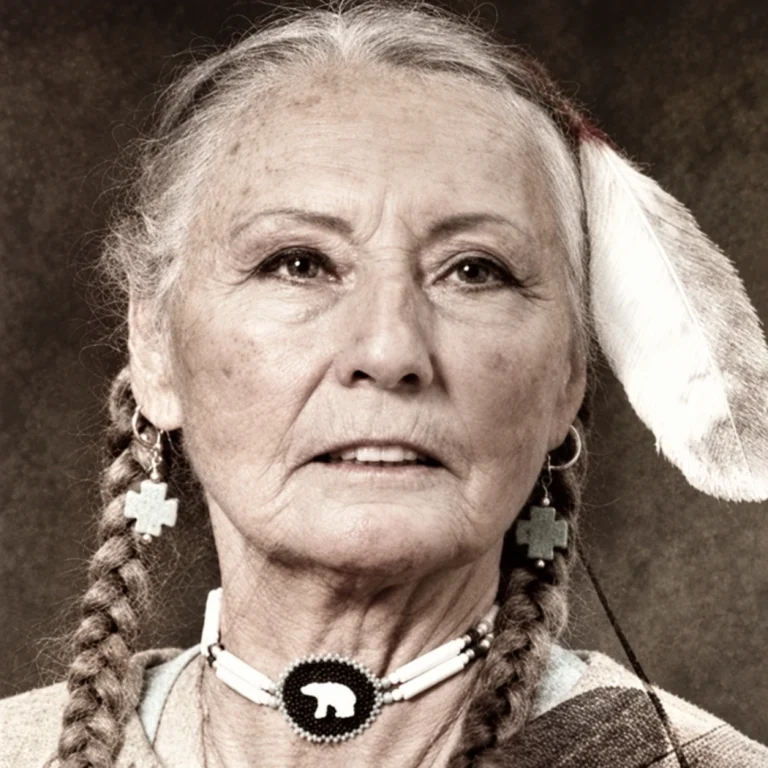 Brooke Medicine Eagle mit geflochtenen Haaren, Feder und Bärenanhänger.